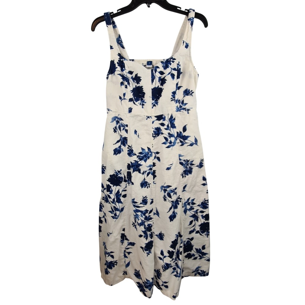 Old Navy Womens Blue Floral Linen Blend Smocked Midi Dress Medium Cream Pockets